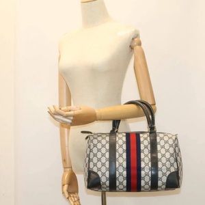 GUCCI GG Canvas Sherry Line boston Bag PVC Leather Navy Red Authentic